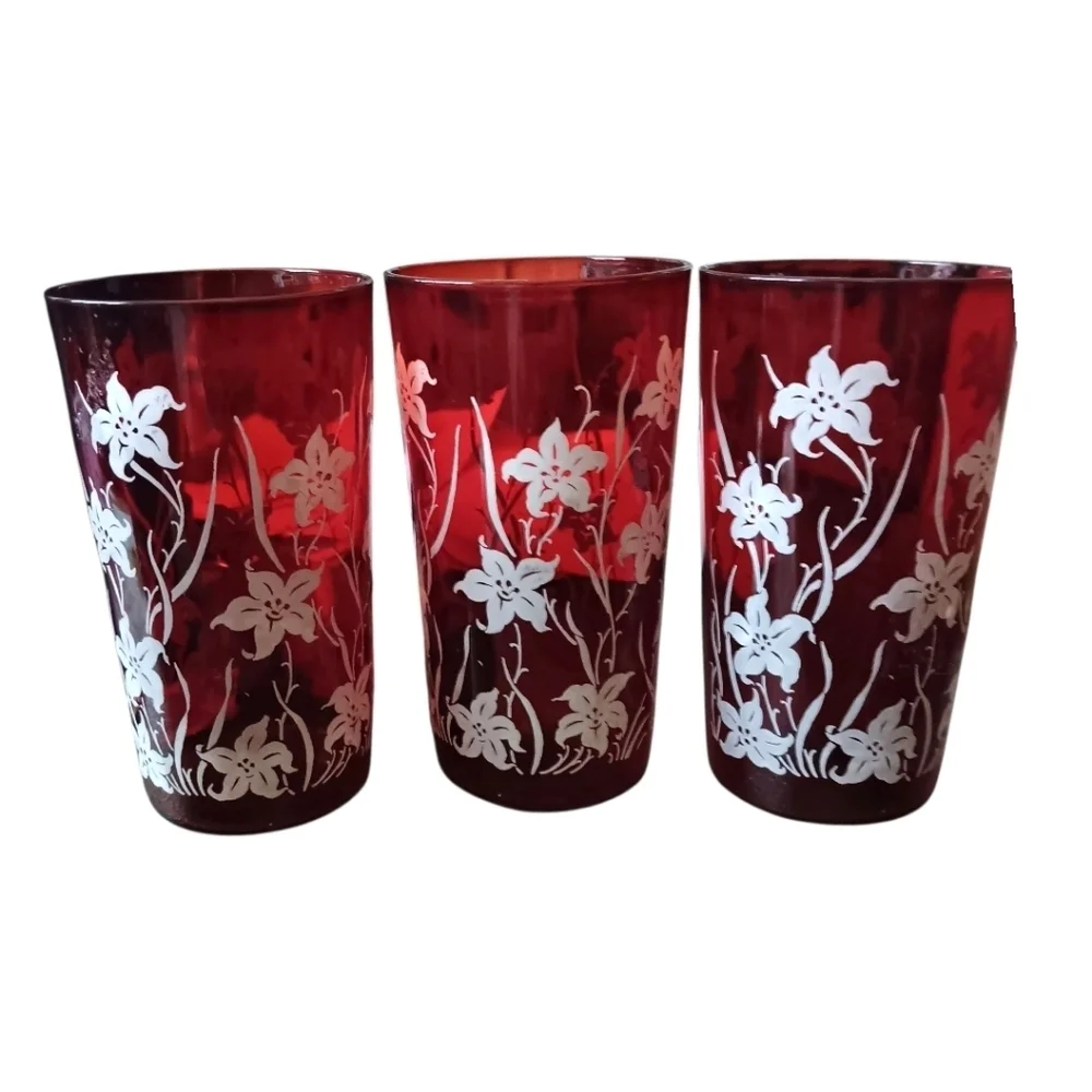 Vintage Red Glasses W Off-white Floral